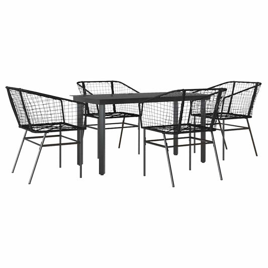 5 Piece Garden Dining Set Black Poly Rattan Glass