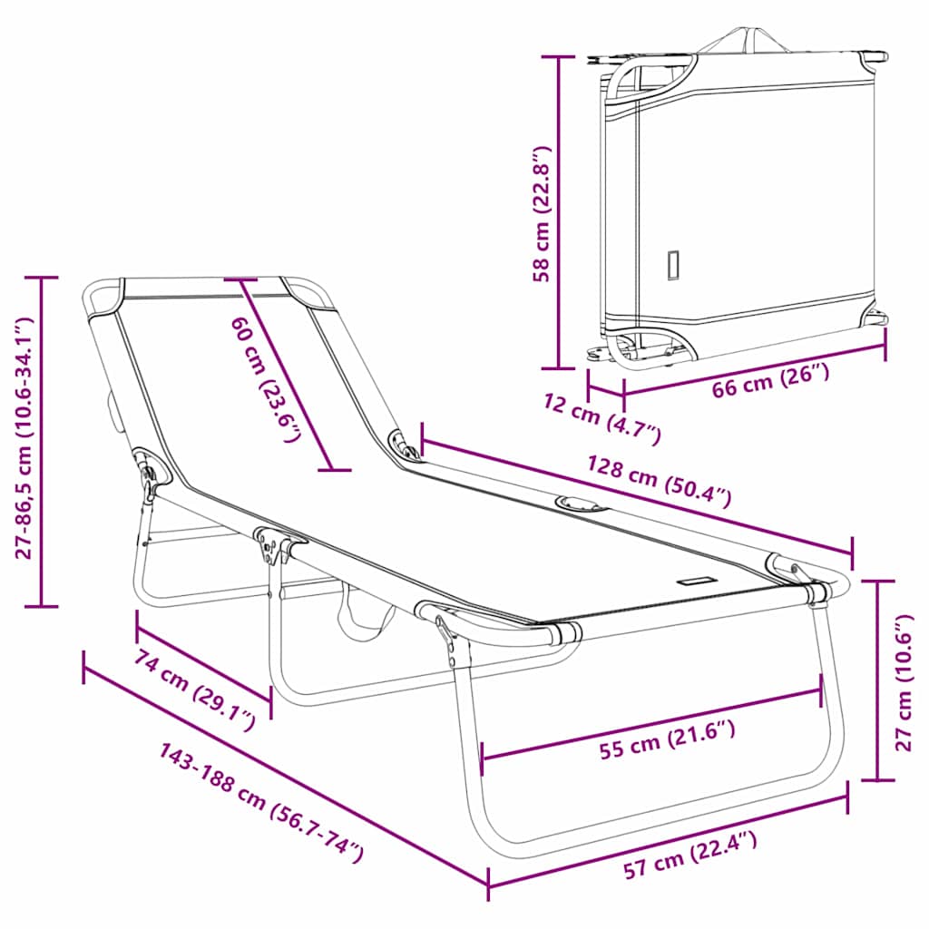 Folding Sun Lounger Folding Grey 188 x 57 x 86.5 cm Polyester