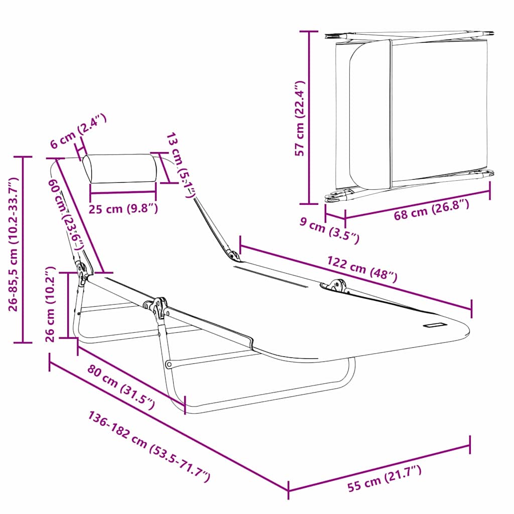 Folding Sun Lounger Folding Grey 182 x 55 x 85.5 cm Textilene
