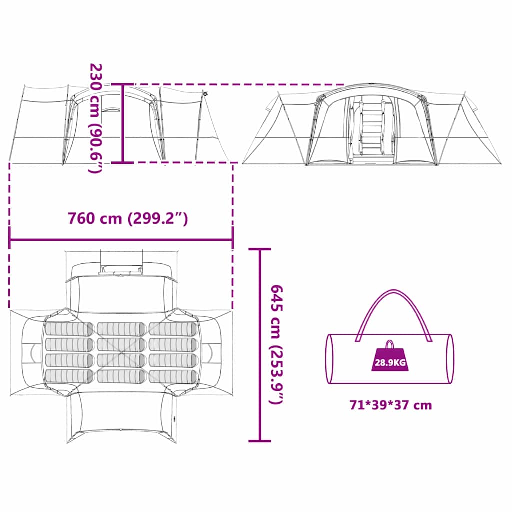 Family Tent 12-Person Green and White 760 x 645 x 230 cm