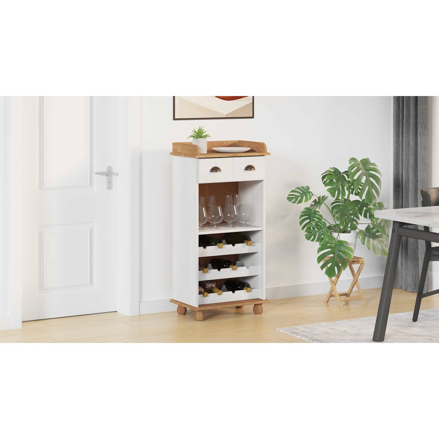 Wine Cabinet ASKIM White with Honey Top 57 x 37 x 114 cm