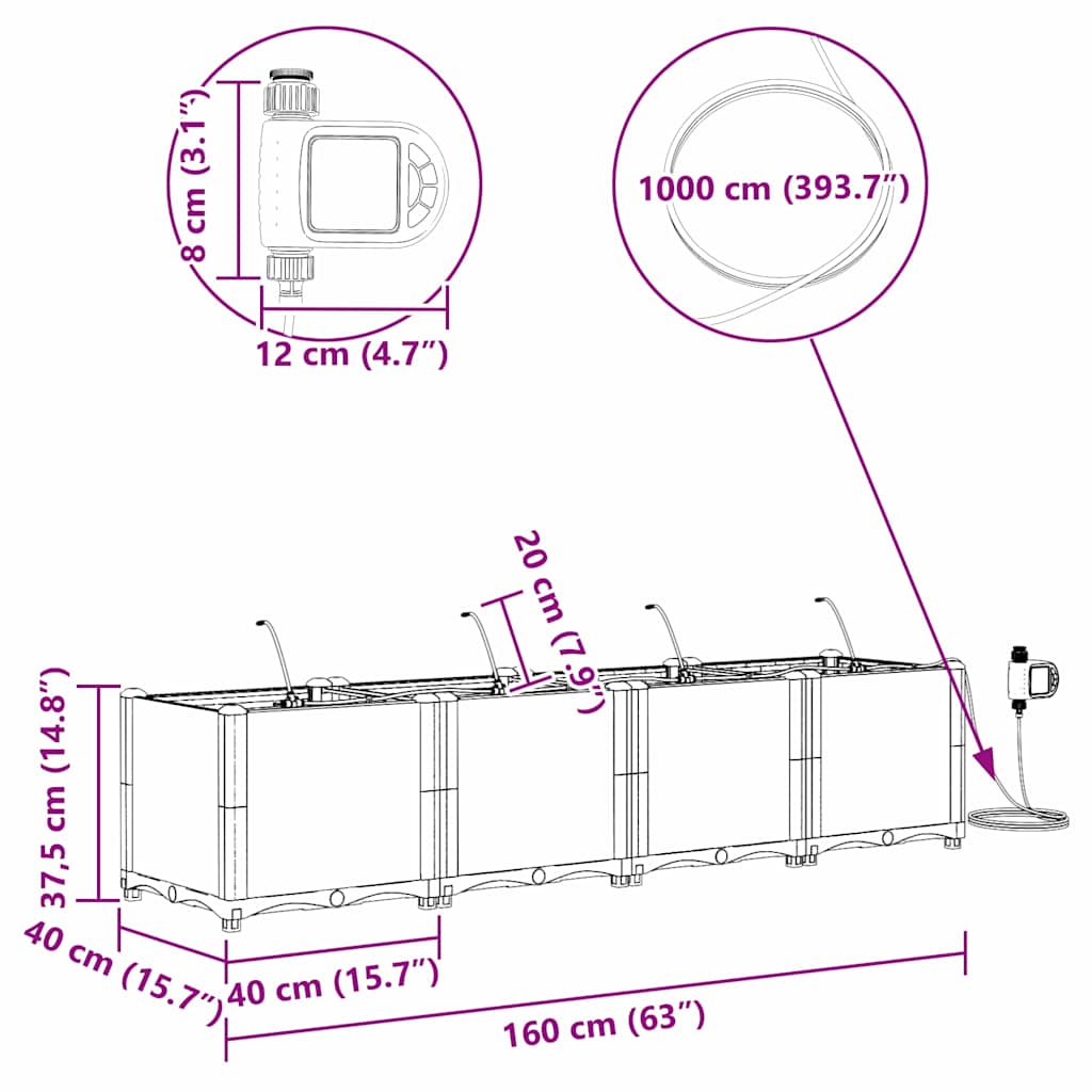 Garden Planter 4 pcs Black 160 x 40 x 37.5 cm PP