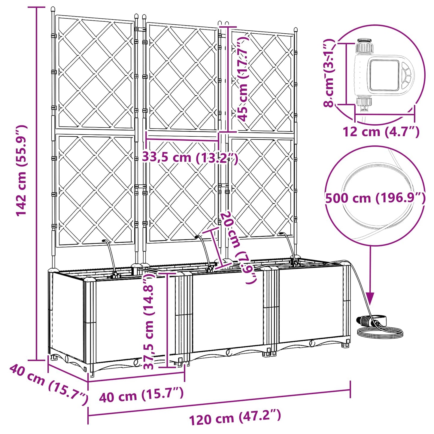 Garden Planter 3 pcs Grey 120 x 40 x 142 cm PP