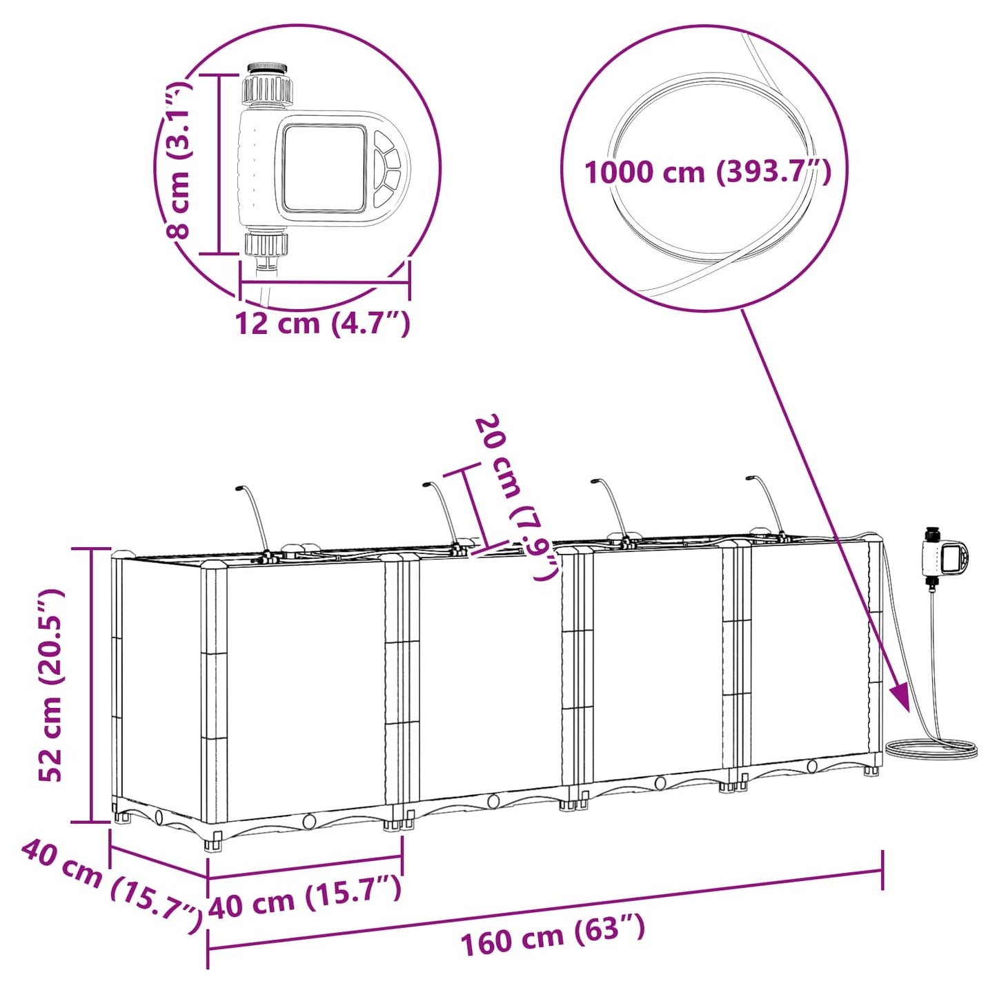 Garden Planter 4 pcs Grey 160 x 40 x 52 cm PP