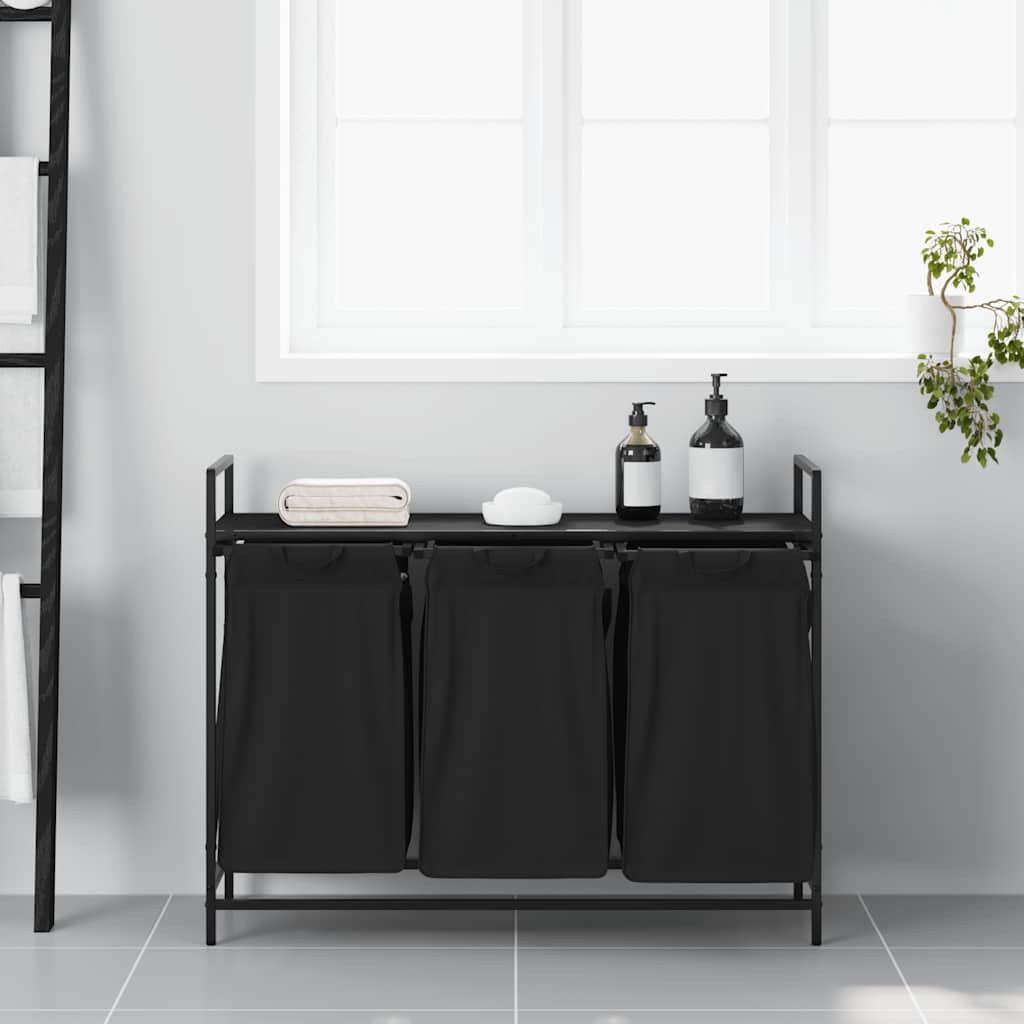 Laundry Basket 3 Compartments with Shelf Black Oak