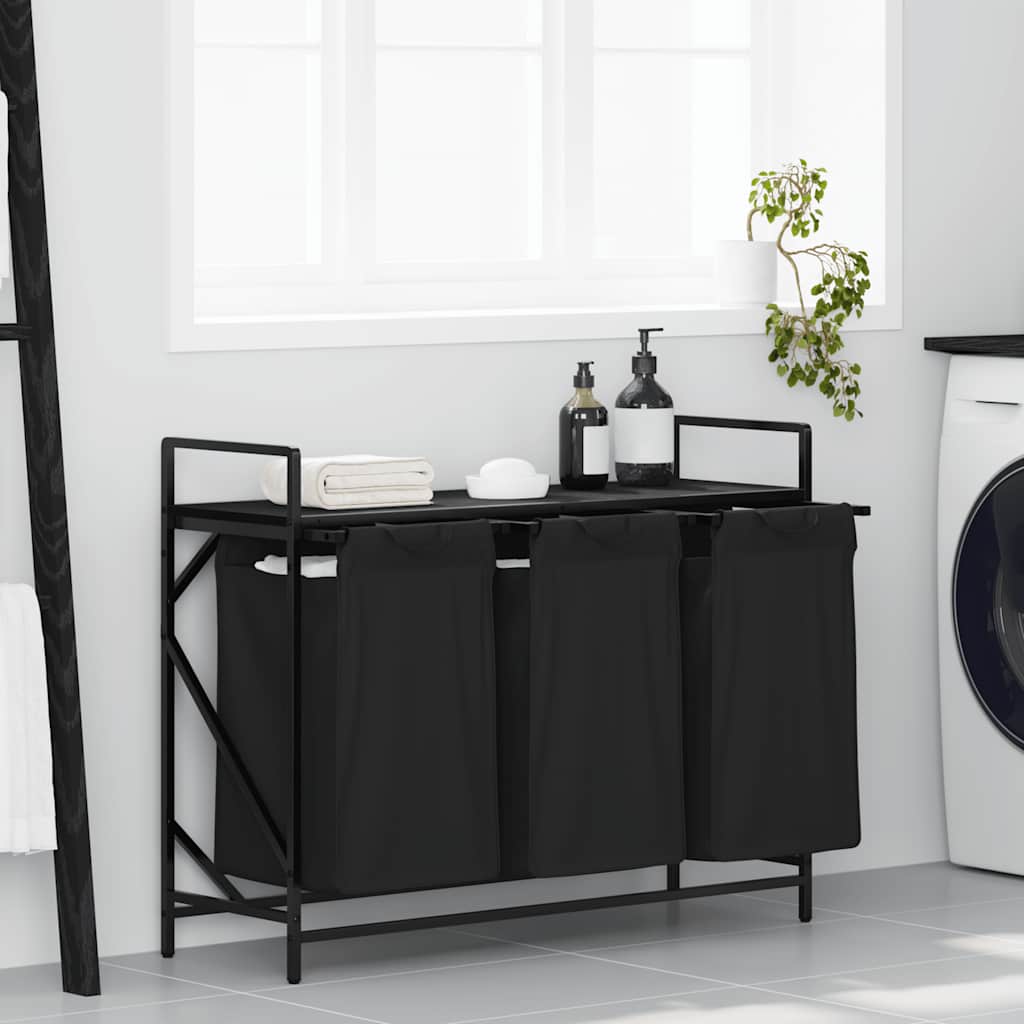 Laundry Basket 3 Compartments with Shelf Black Oak