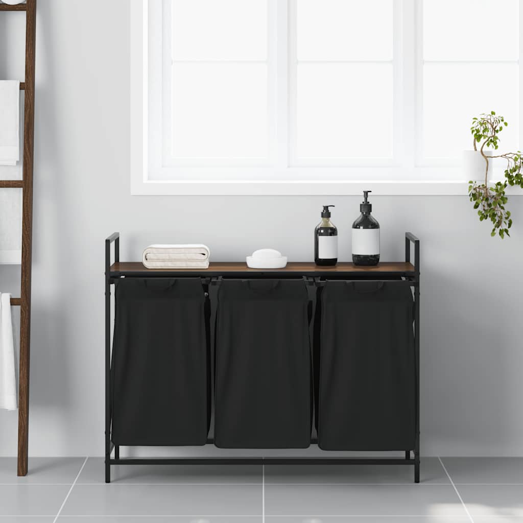 Laundry Basket 3 Compartments with Shelf Brown Oak