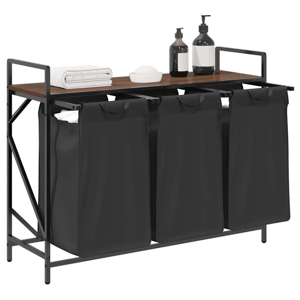 Laundry Basket 3 Compartments with Shelf Brown Oak