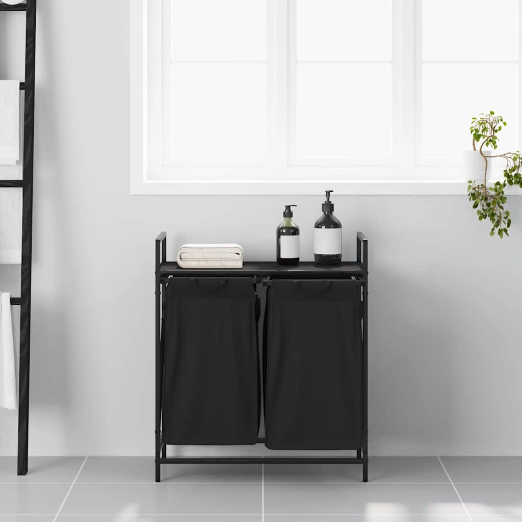 Laundry Basket 2 Compartments with Shelf Black Oak