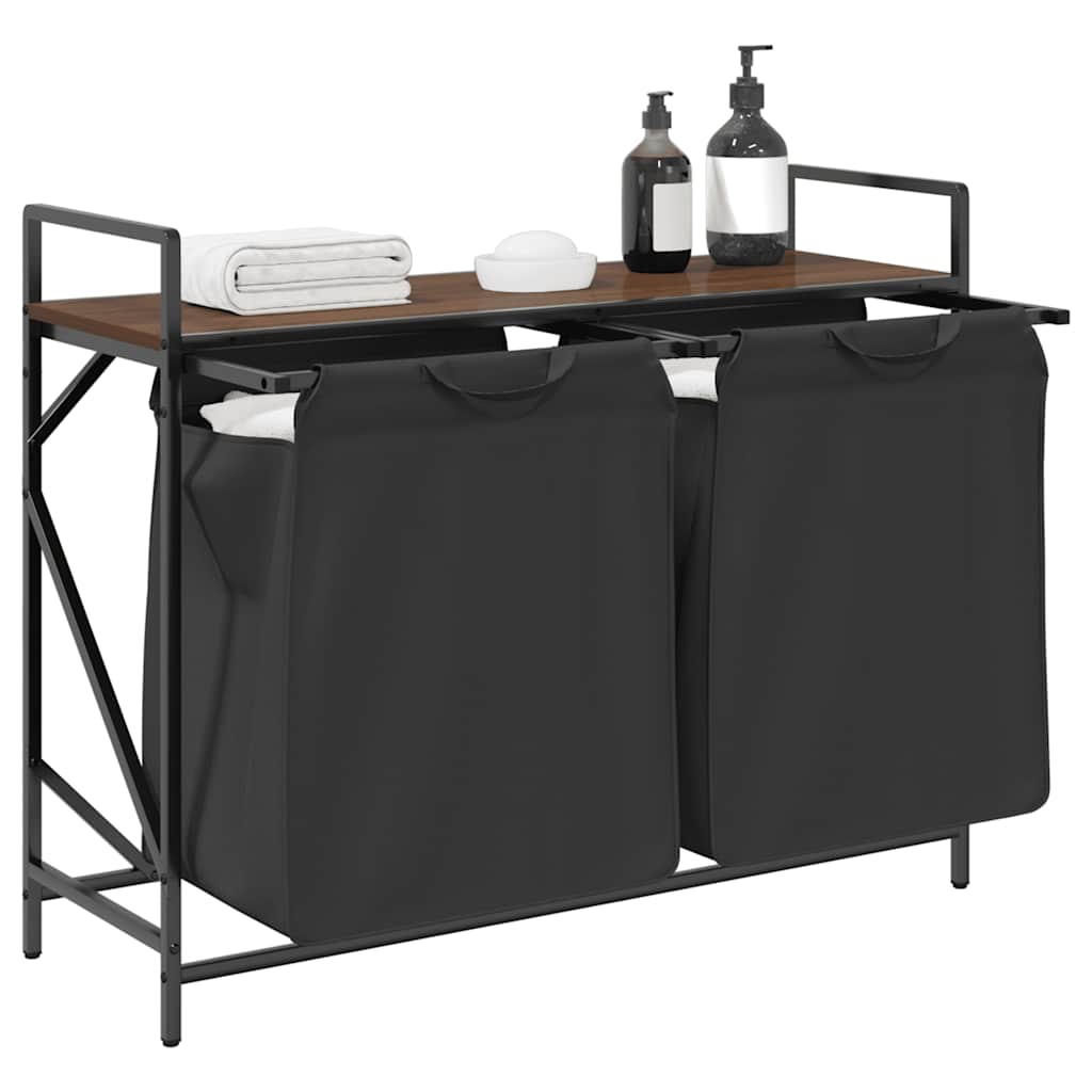 Laundry Basket 2 Compartments with Shelf Brown Oak