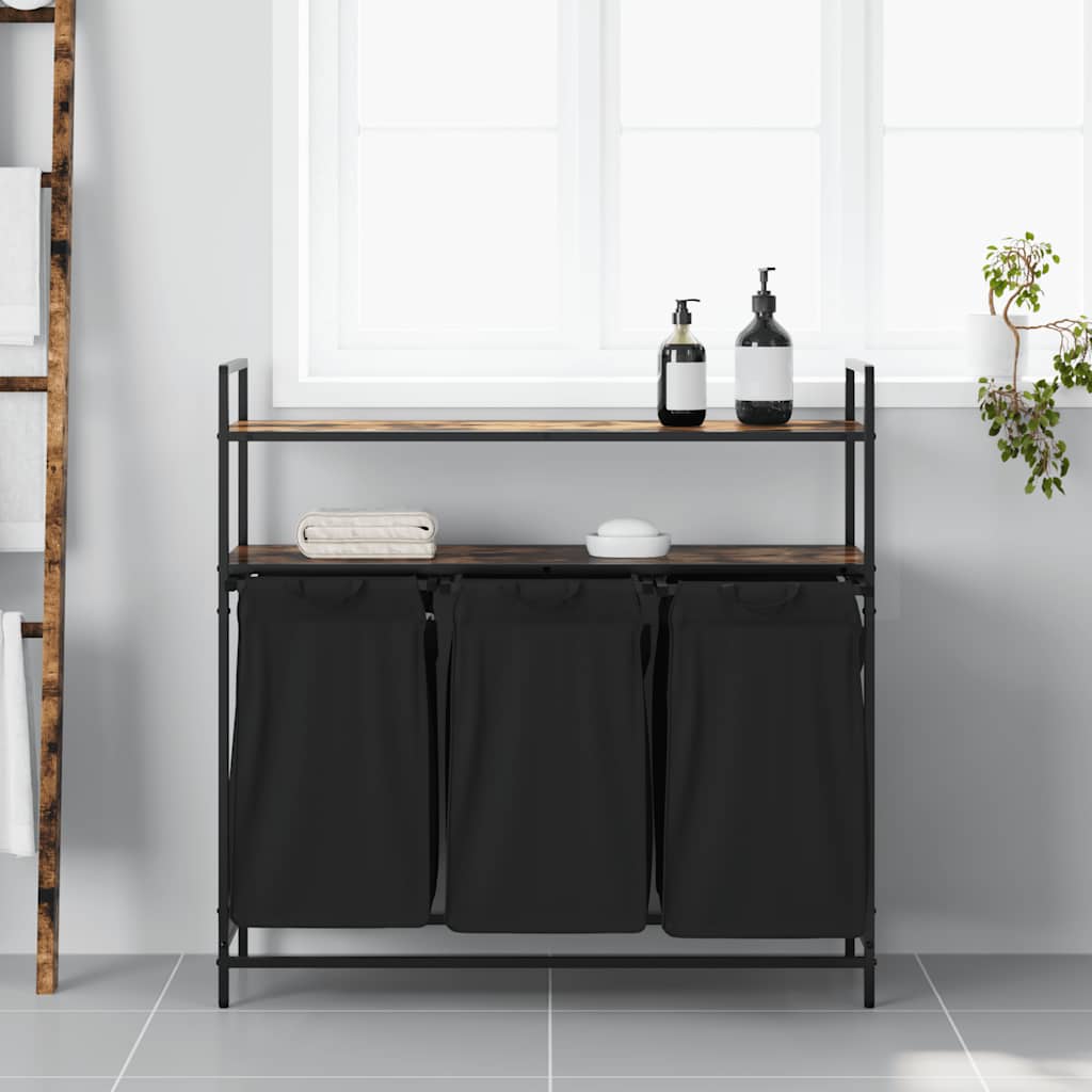 Laundry Basket 3 Compartments with Shelves Smoked Oak