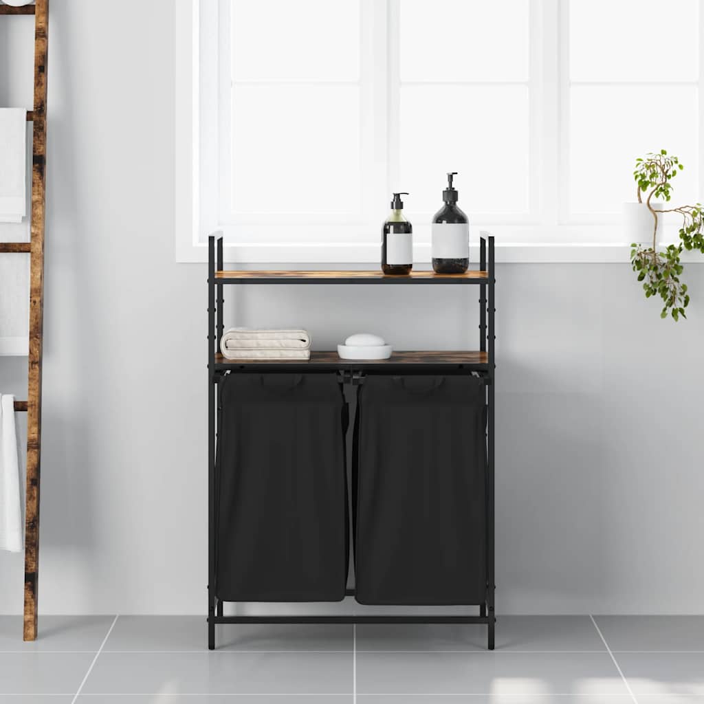 Laundry Basket 2 Compartments with Shelves Smoked Oak