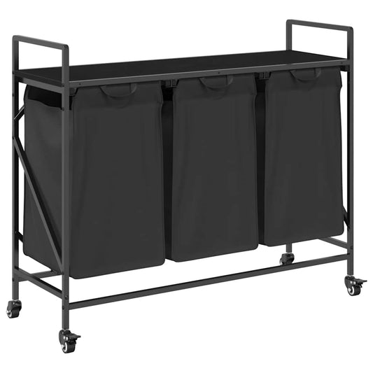 Laundry Basket 3 Compartments with Wheels Black Oak