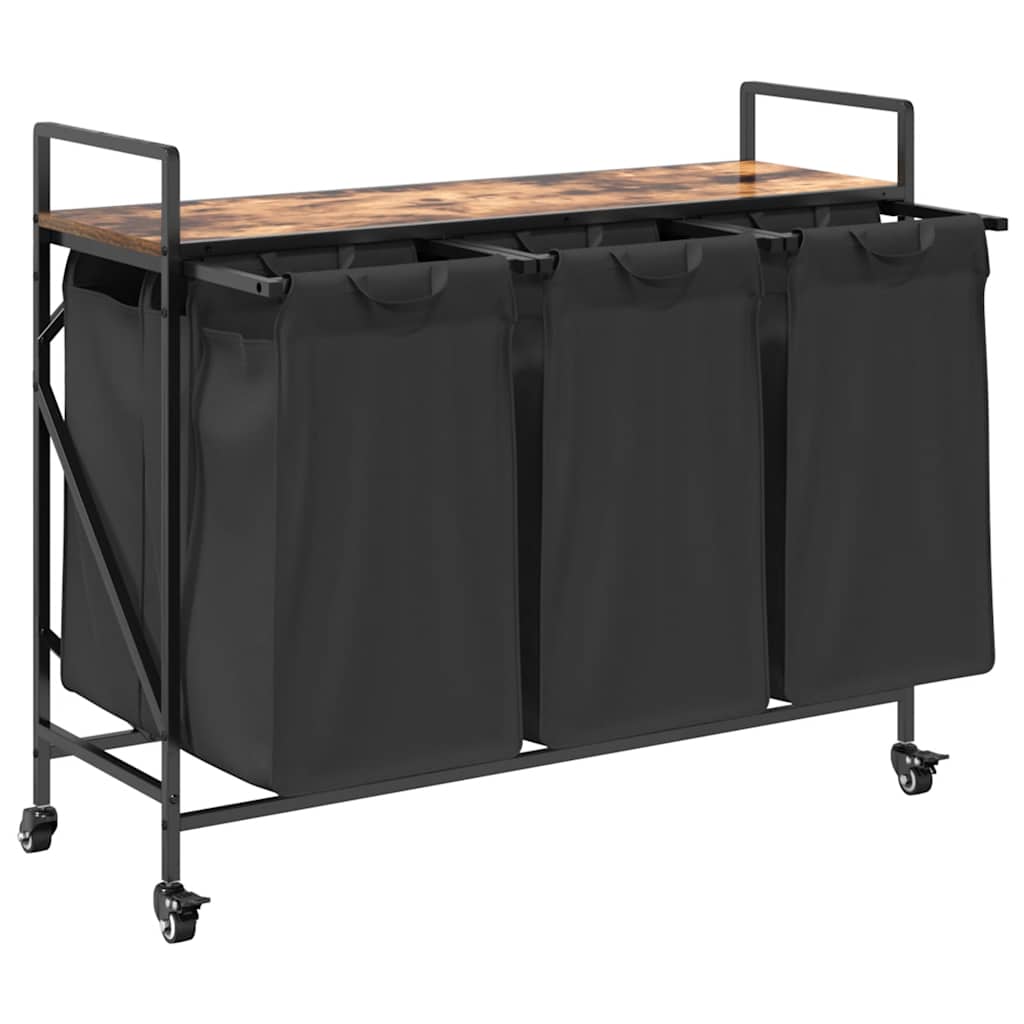 Laundry Basket 3 Compartments with Wheels Smoked Oak