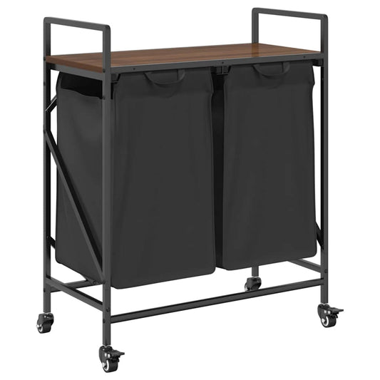 Laundry Basket 2 Compartments with Wheels Brown Oak