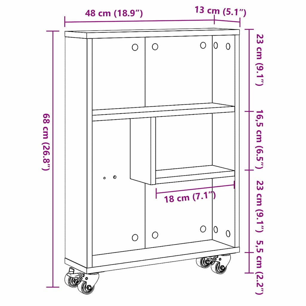 Narrow Storage Trolley 3-Tier 48 x 13 x 68 cm Black Oak