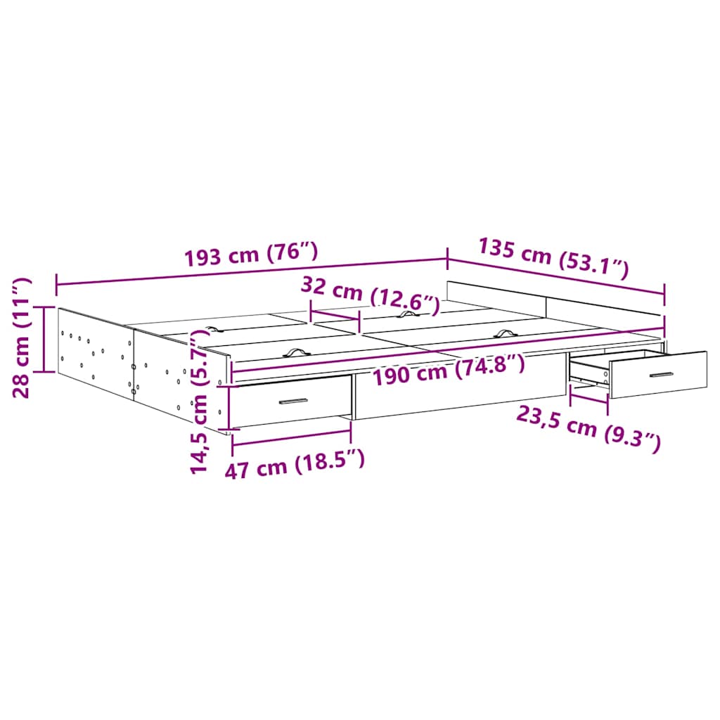 Storage Bed Frame Concrete Grey 135 x 190 cm Engineered Wood