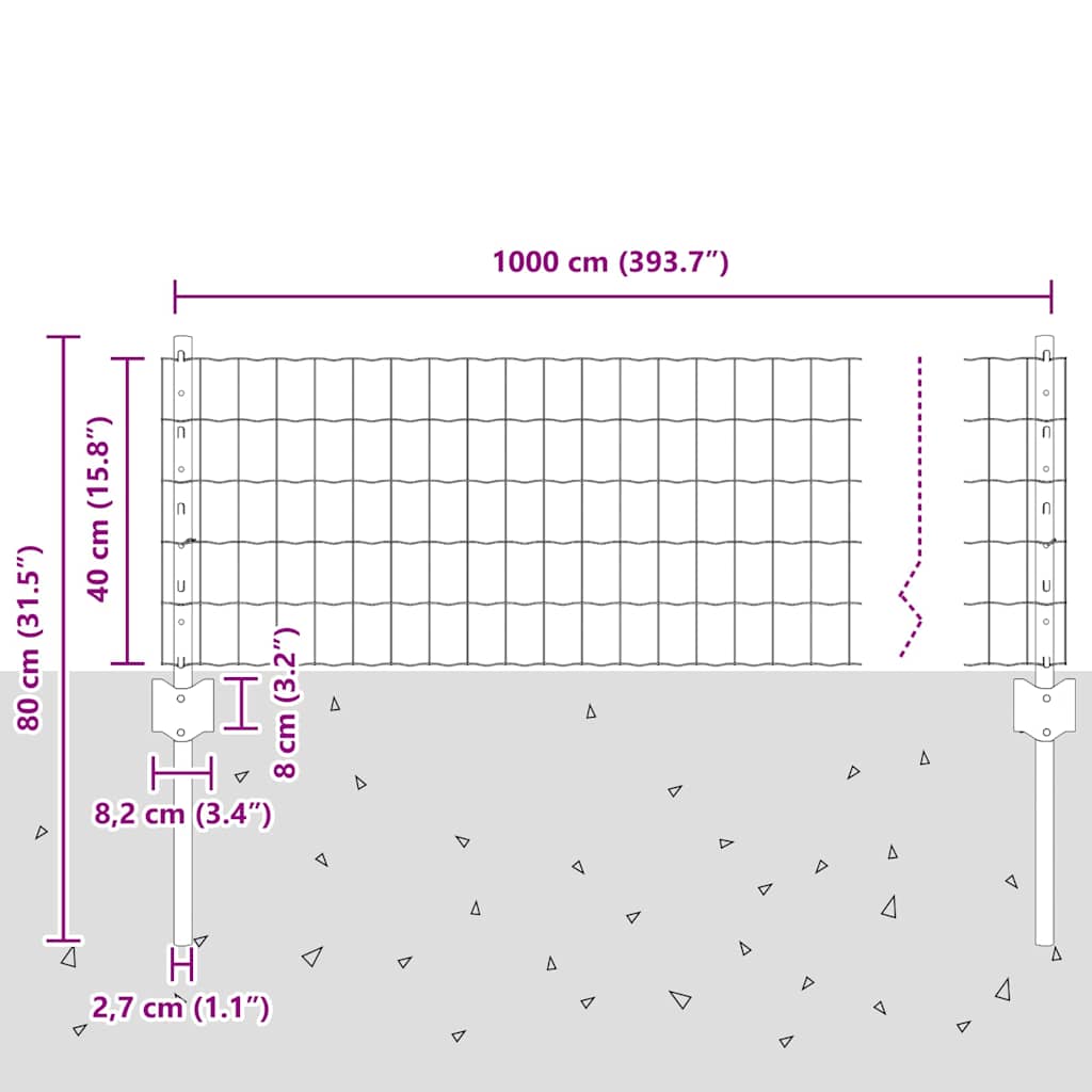 Euro Fence with Post 10 x 0.4 m PVC-Coated Steel Grey Mesh