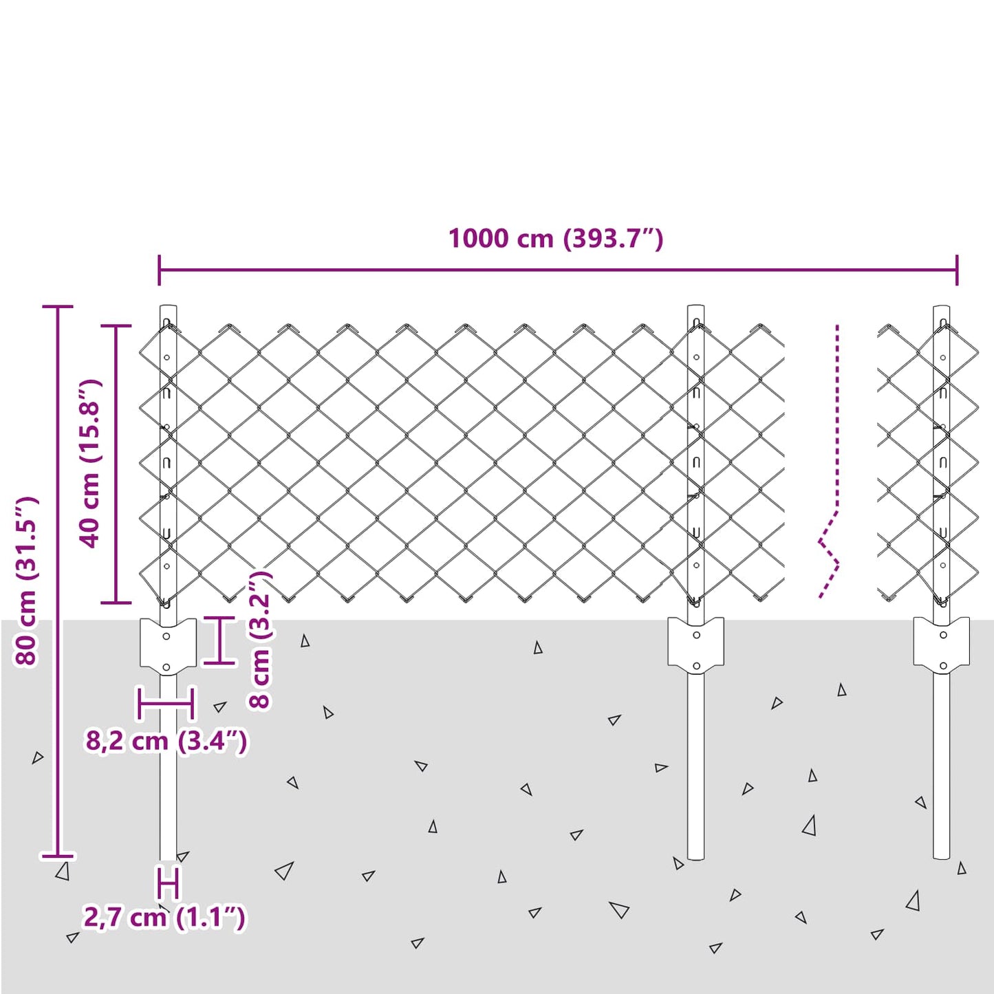 Chainlink Fence with Post 10 x 0.4 m PVC-Coated Steel Grey Mesh