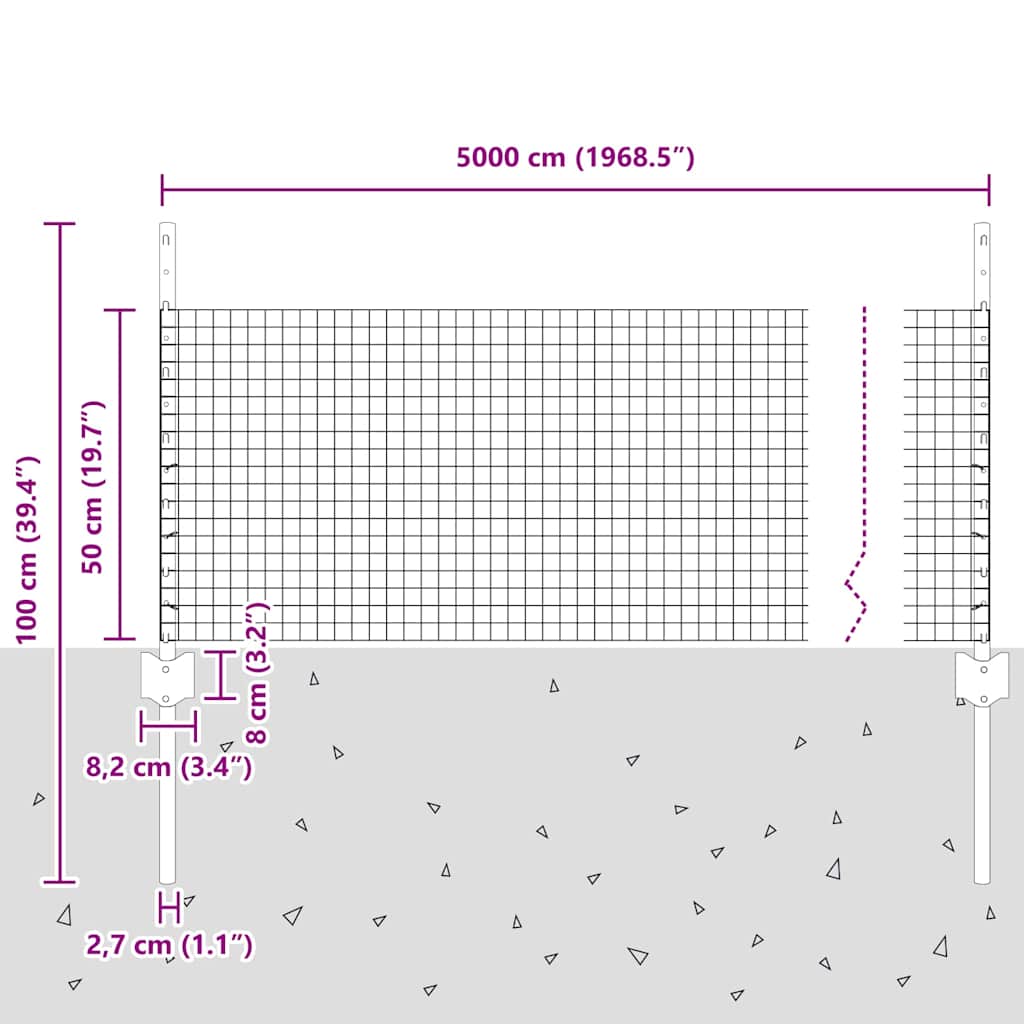 Welded Wire Fence with Posts 50 x 0.5 m PVC-Coated Steel Grey