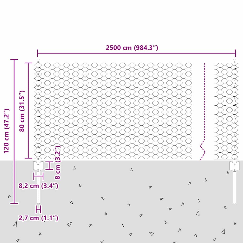 Hexagonal Fence with Post 25 x 0.8 m PVC-Coated Steel Grey Mesh