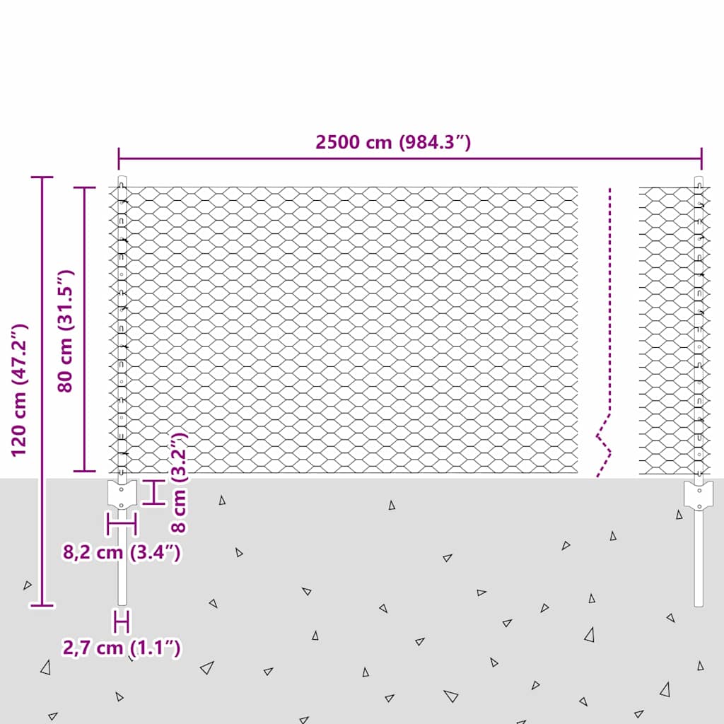 Hexagonal Fence with Post 25 x 0.8 m PVC-Coated Steel Grey Mesh