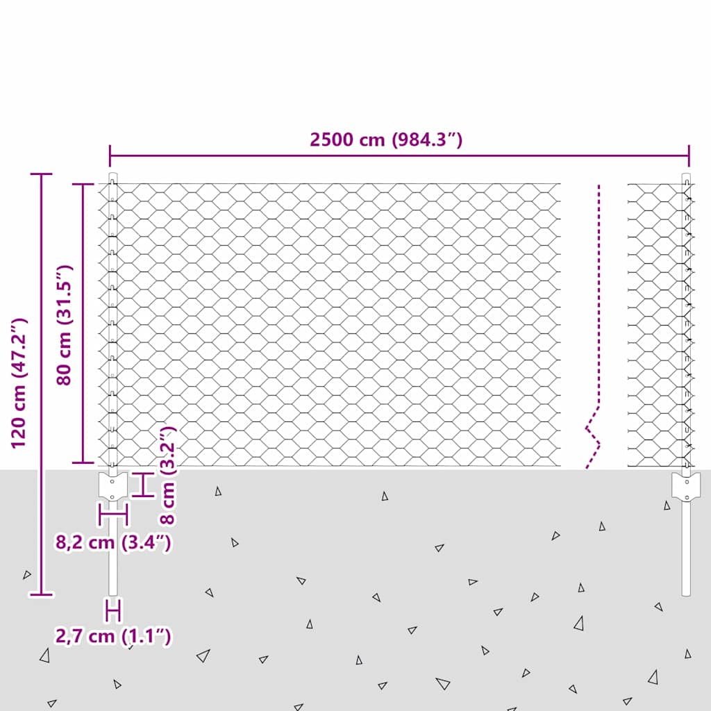 Hexagonal Fence with Post 25 x 0.8 m PVC-Coated Steel Grey Mesh