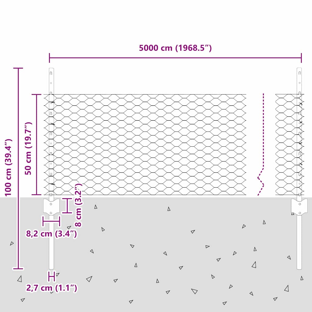 Hexagonal Fence with Post 50 x 0.5 m PVC-Coated Steel Grey Mesh