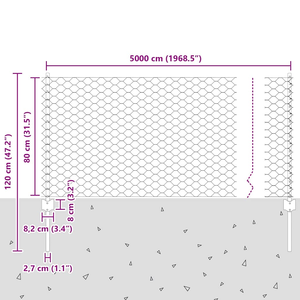 Hexagonal Fence with Post 50 x 0.8 m PVC-Coated Steel Grey Mesh