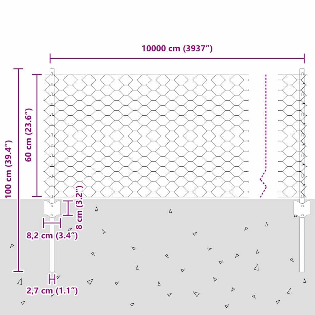 Hexagonal Fence with Post 100 x 0.6 m PVC-Coated Steel Grey