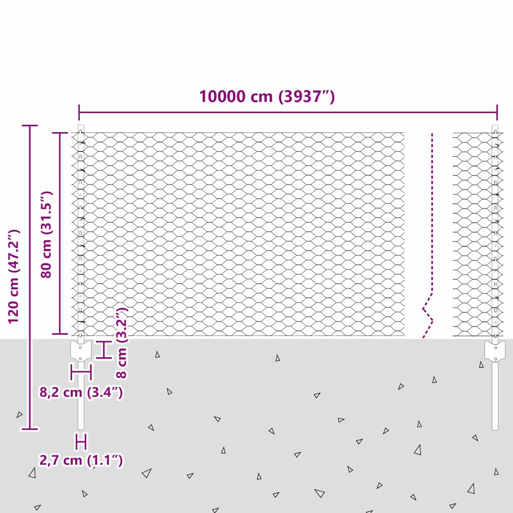 Hexagonal Fence with Post 100 x 0.8 m PVC-Coated Steel Grey