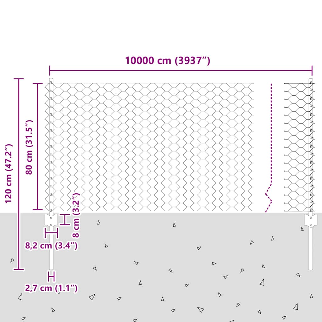 Hexagonal Fence with Post 100 x 0.8 m PVC-Coated Steel Grey