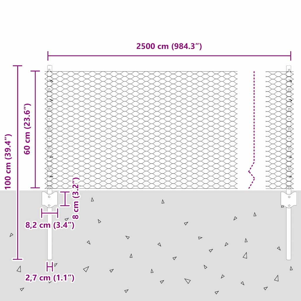 Hexagonal Fence with Post 25 x 0.6 m Galvanised Steel Silver