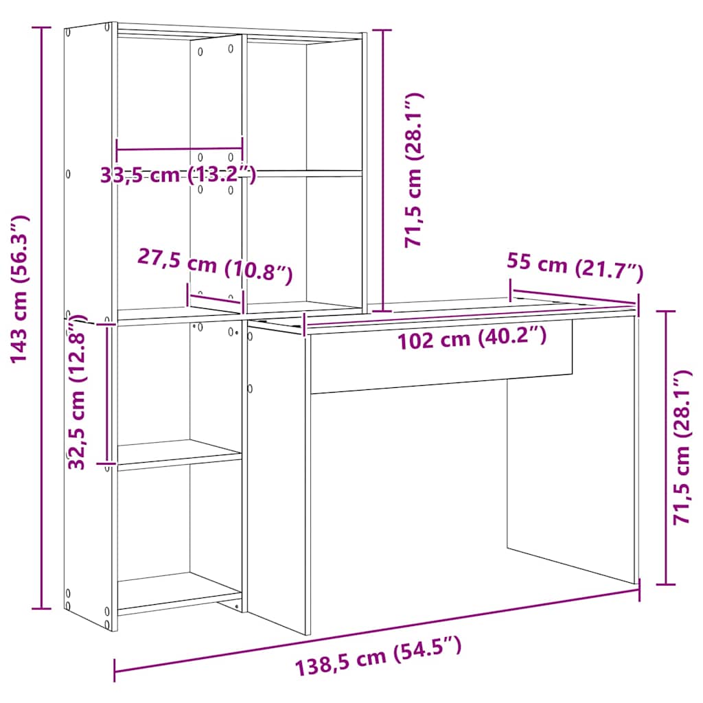 Desk with Shelf Sonoma Oak 138.5 x 55 x 143 cm Engineered Wood