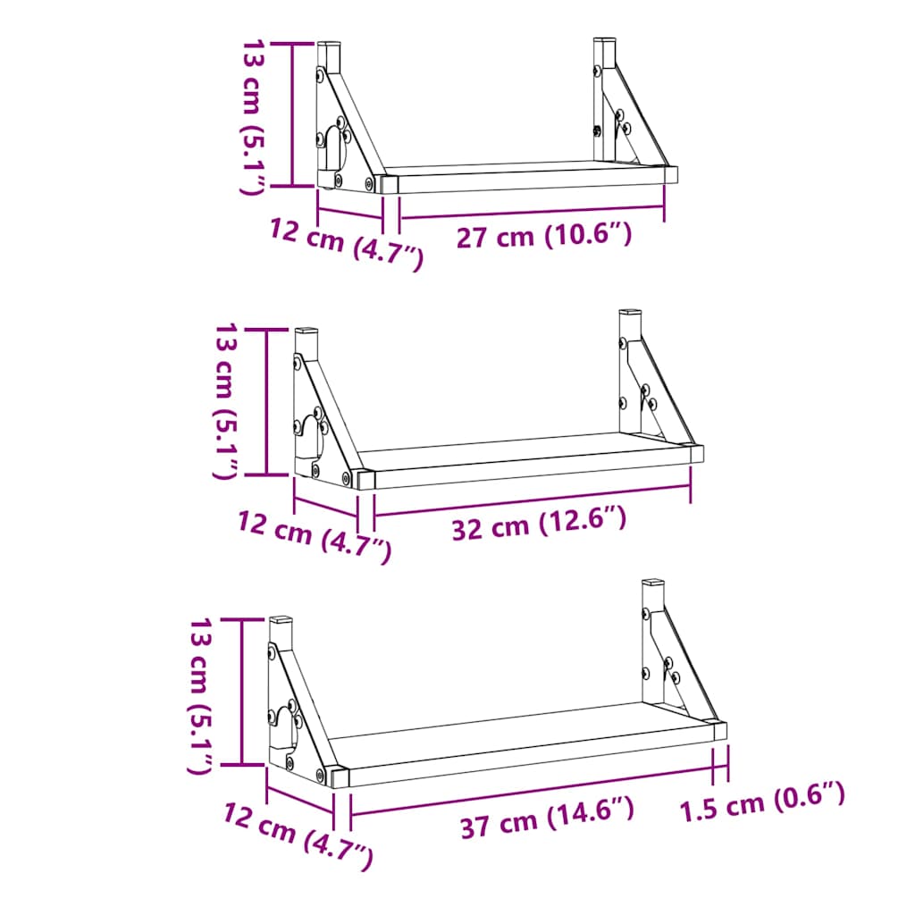 Wall Shelf 3 pcs Smoke Oak 37 x 12 x 13 cm