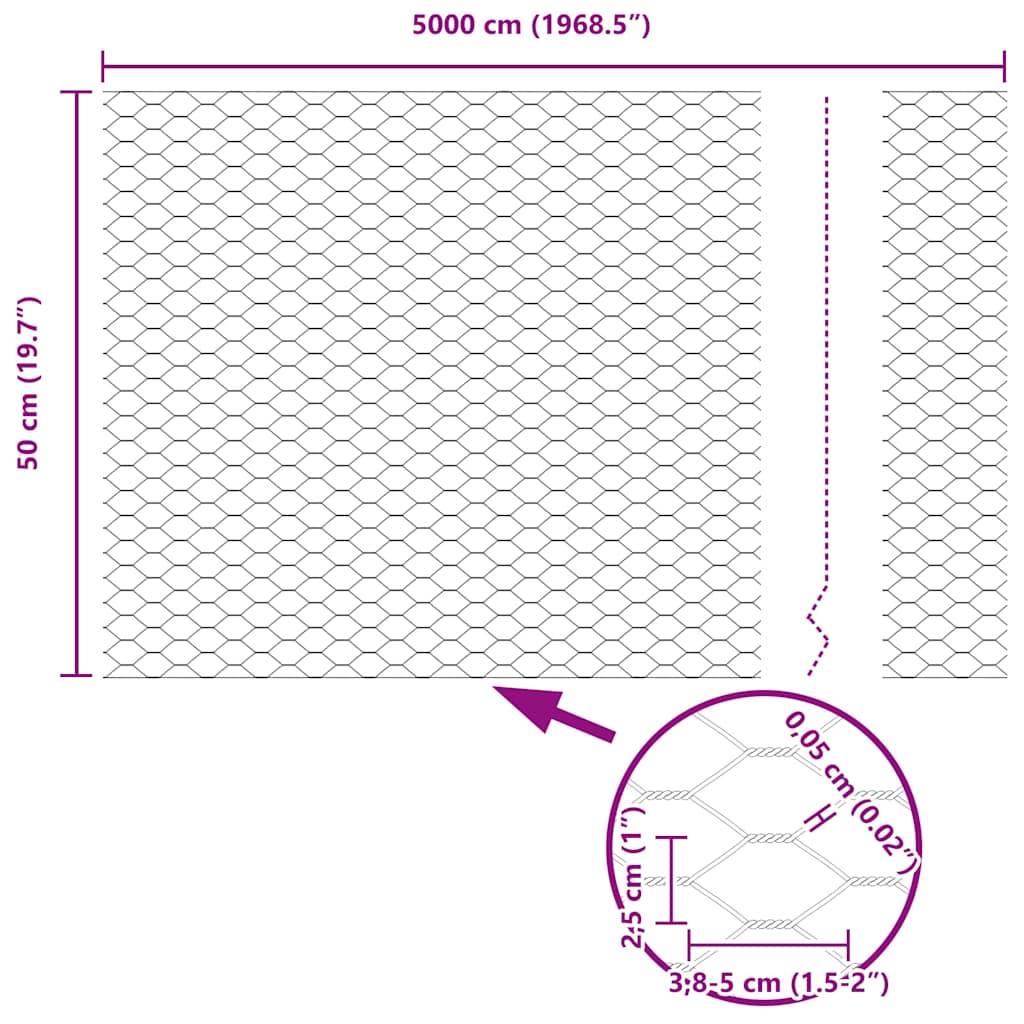 Hexagon Fence 0.5 x 50 m Galvanised steel Silver