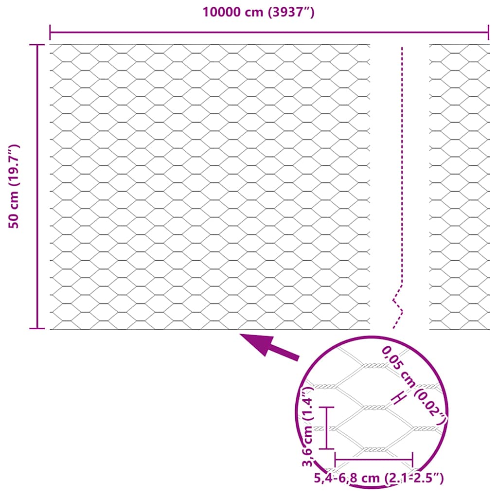 Hexagon Fence 0.5 x 100 m Galvanised steel Silver