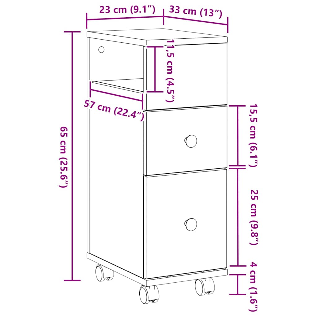 Narrow Bathroom Cabinet with Wheel Black oak 33 x 23 x 65 cm