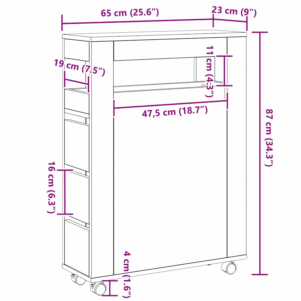 Narrow Bathroom Cabinet Black oak 65 x 23 x 87 cm