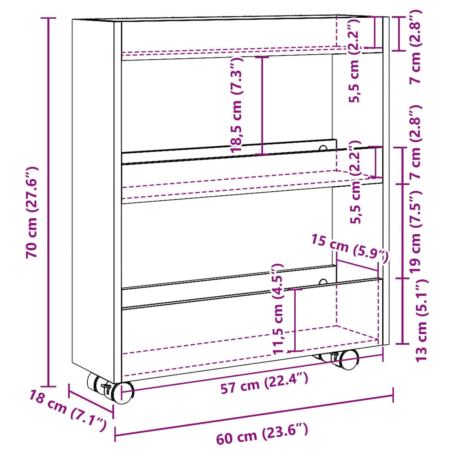 Narrow Storage Trolley Black Oak 60 x 18 x 70 cm