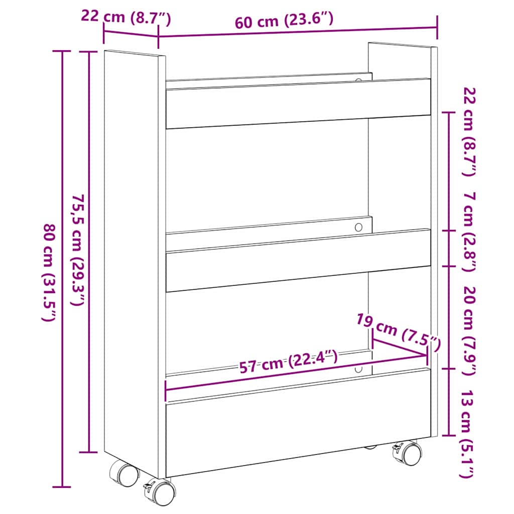 Narrow Storage Trolley Black Oak 60 x 22 x 80 cm