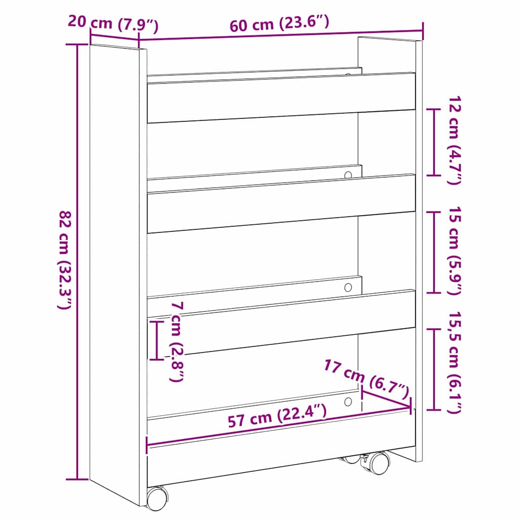Narrow Storage Trolley Black Oak 60 x 20 x 82 cm