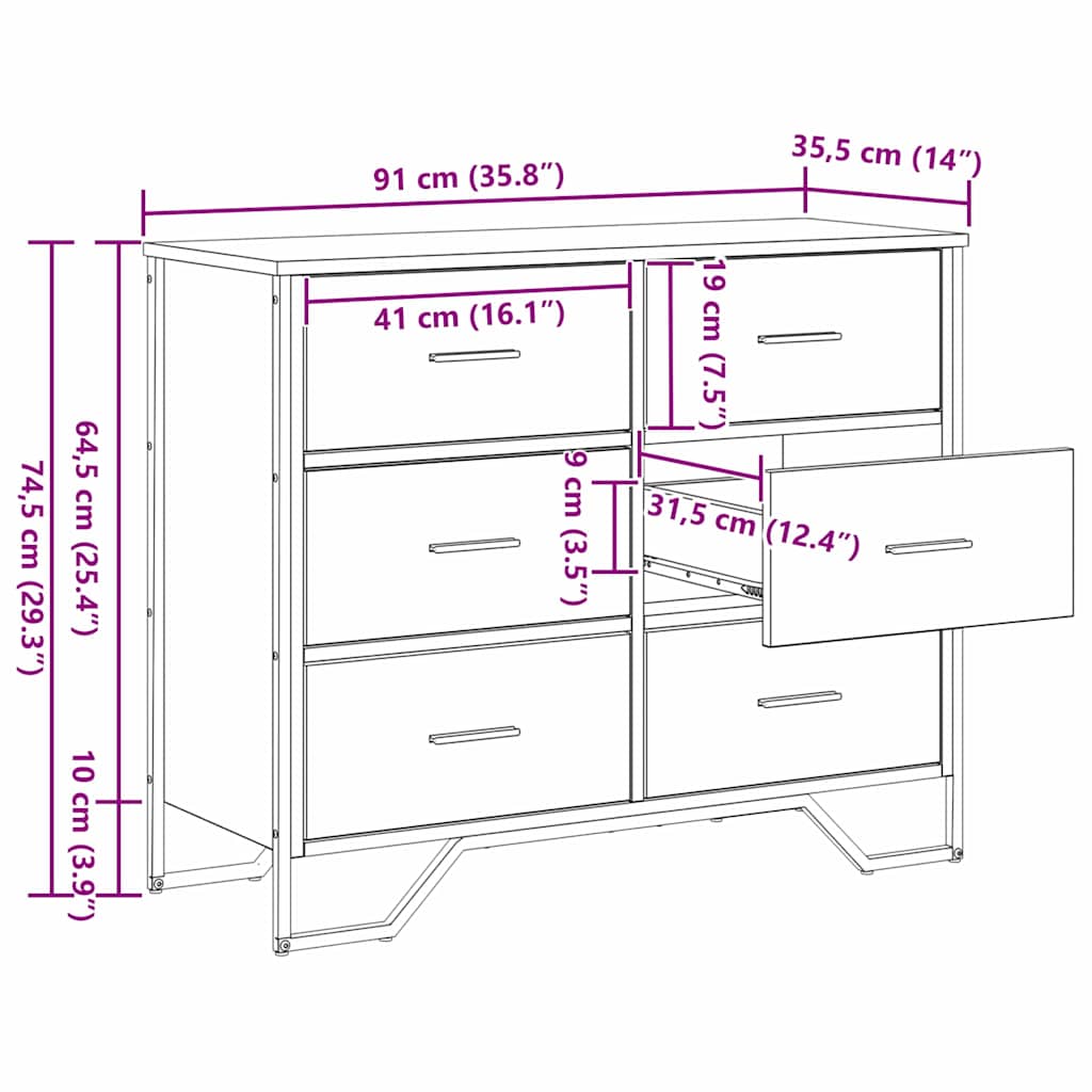 Chest of Drawers 6-Drawer Old Wood 91 x 35.5 x 74.5 cm