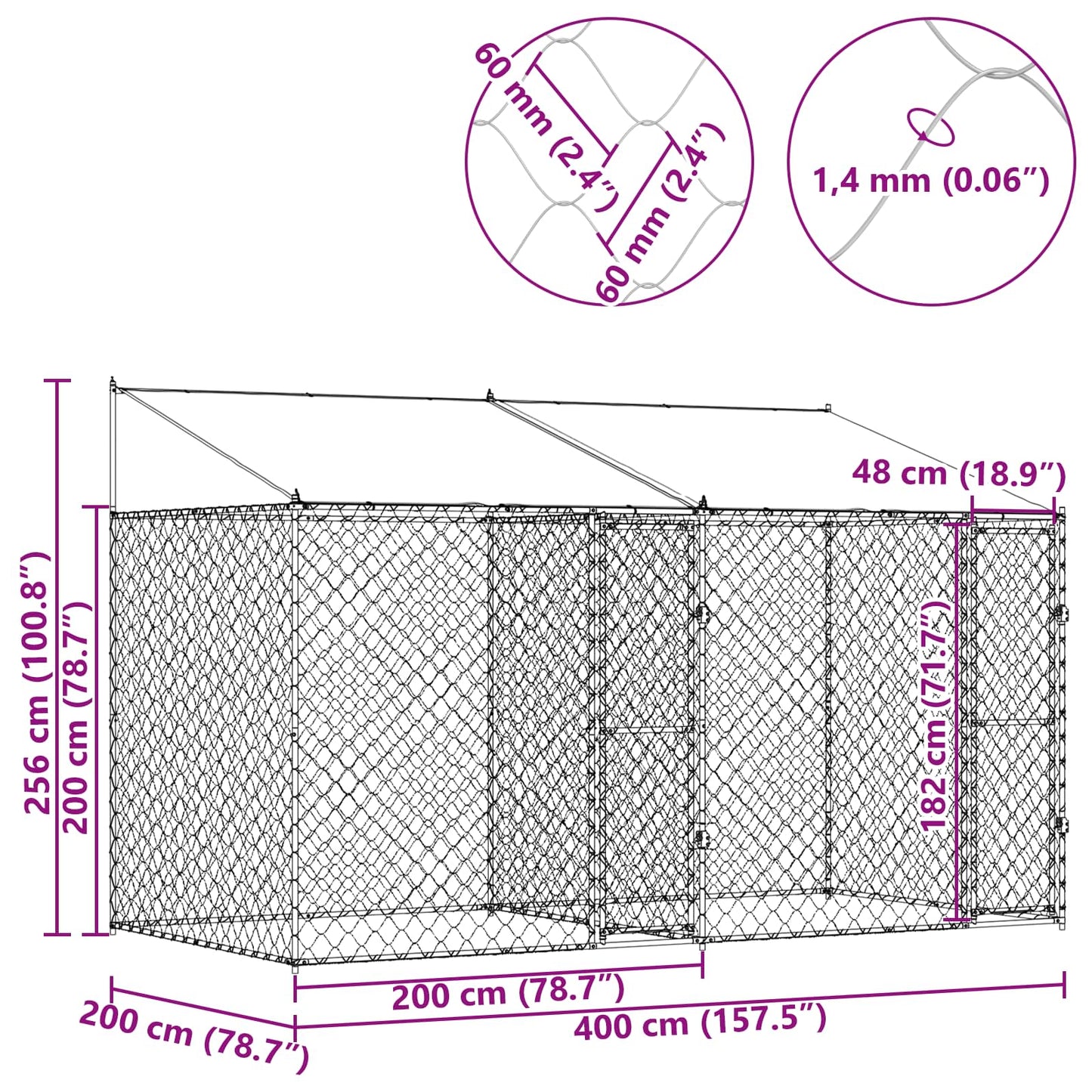 Dog Cage with Roof Silver 400 x 200 x 256 cm Steel and PE