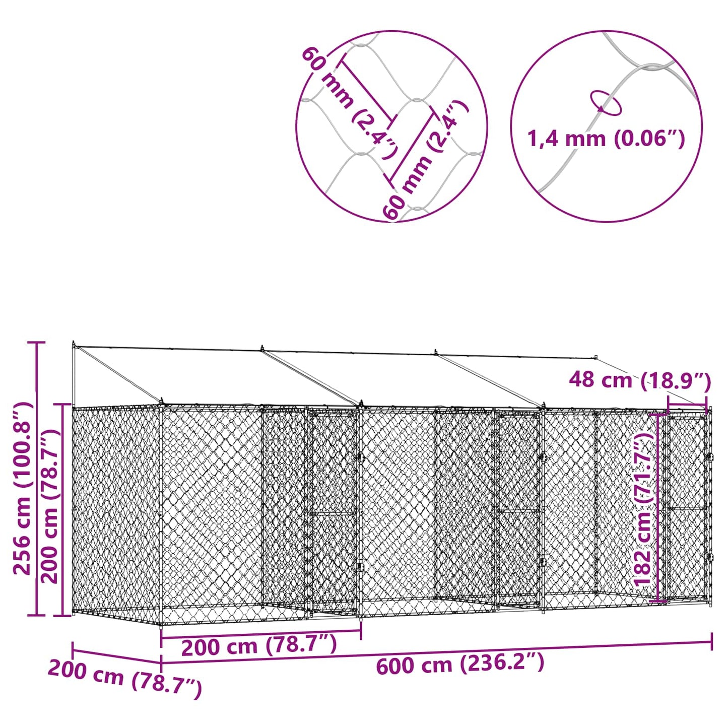 Dog Cage with Roof Silver 600 x 200 x 256 cm Steel and PE