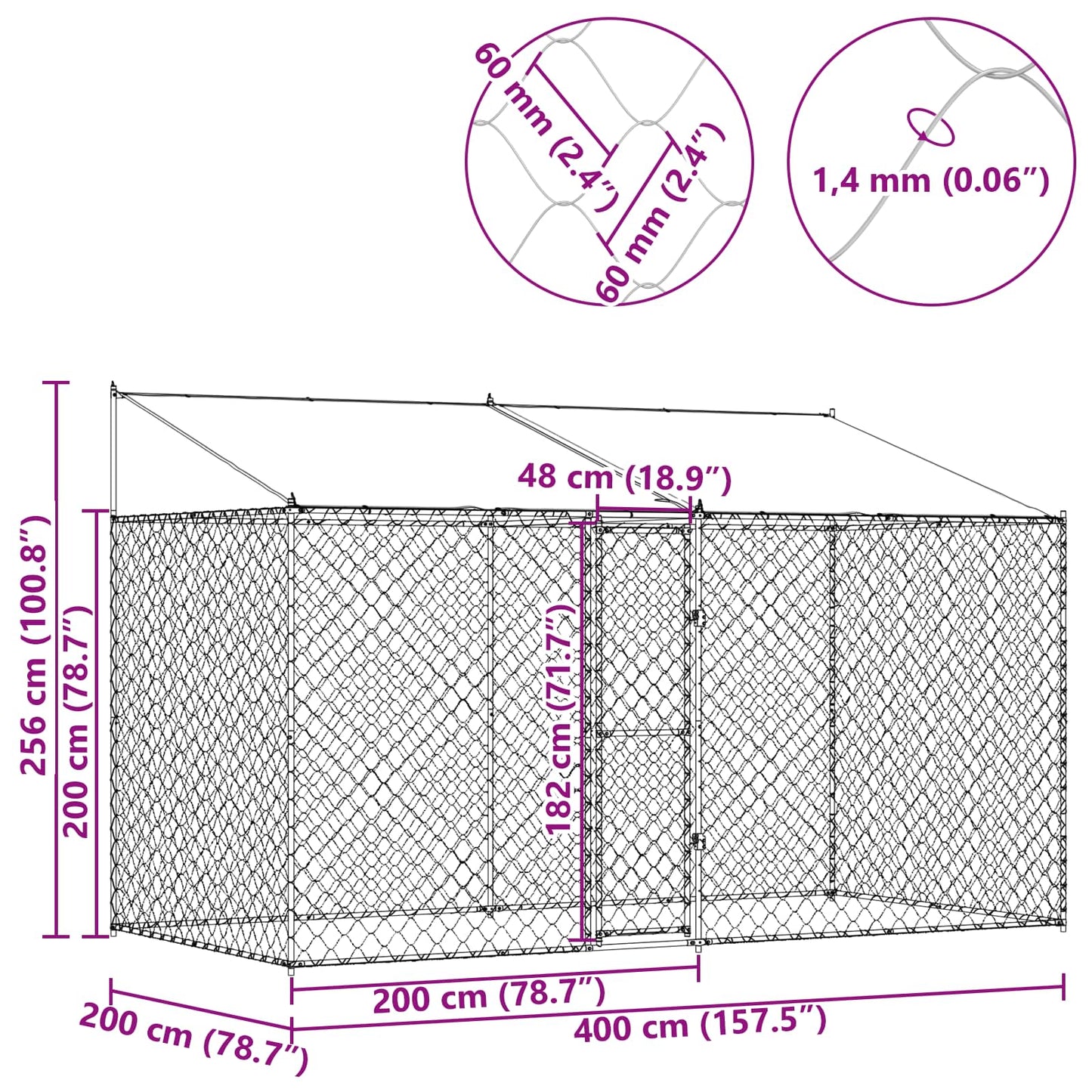 Dog Cage with Roof Silver 400 x 200 x 256 cm Steel and PE