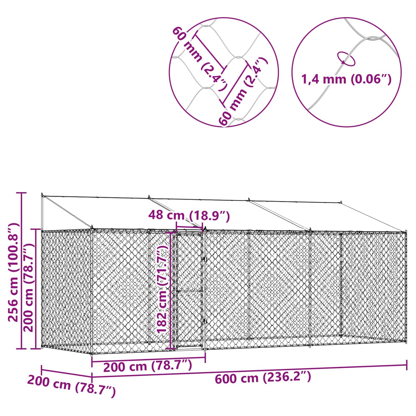 Dog Cage with Roof Silver 600 x 200 x 256 cm Steel and PE