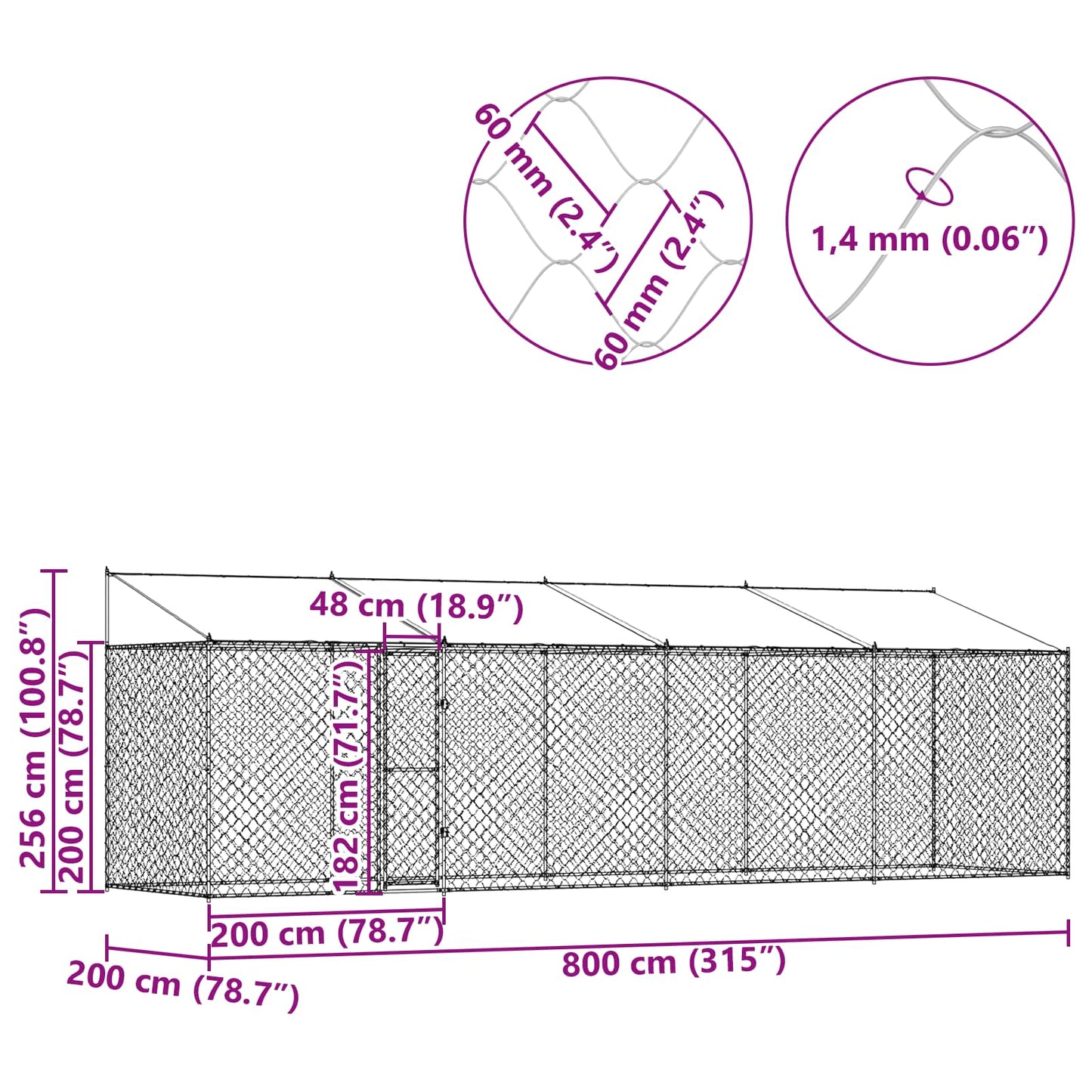 Dog Cage with Roof Silver 800 x 200 x 256 cm Steel and PE