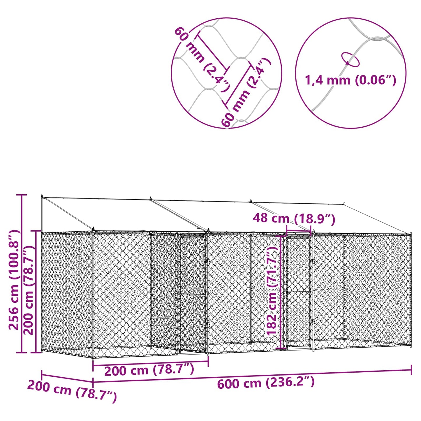 Dog Cage with Roof Silver 600 x 200 x 256 cm Steel and PE