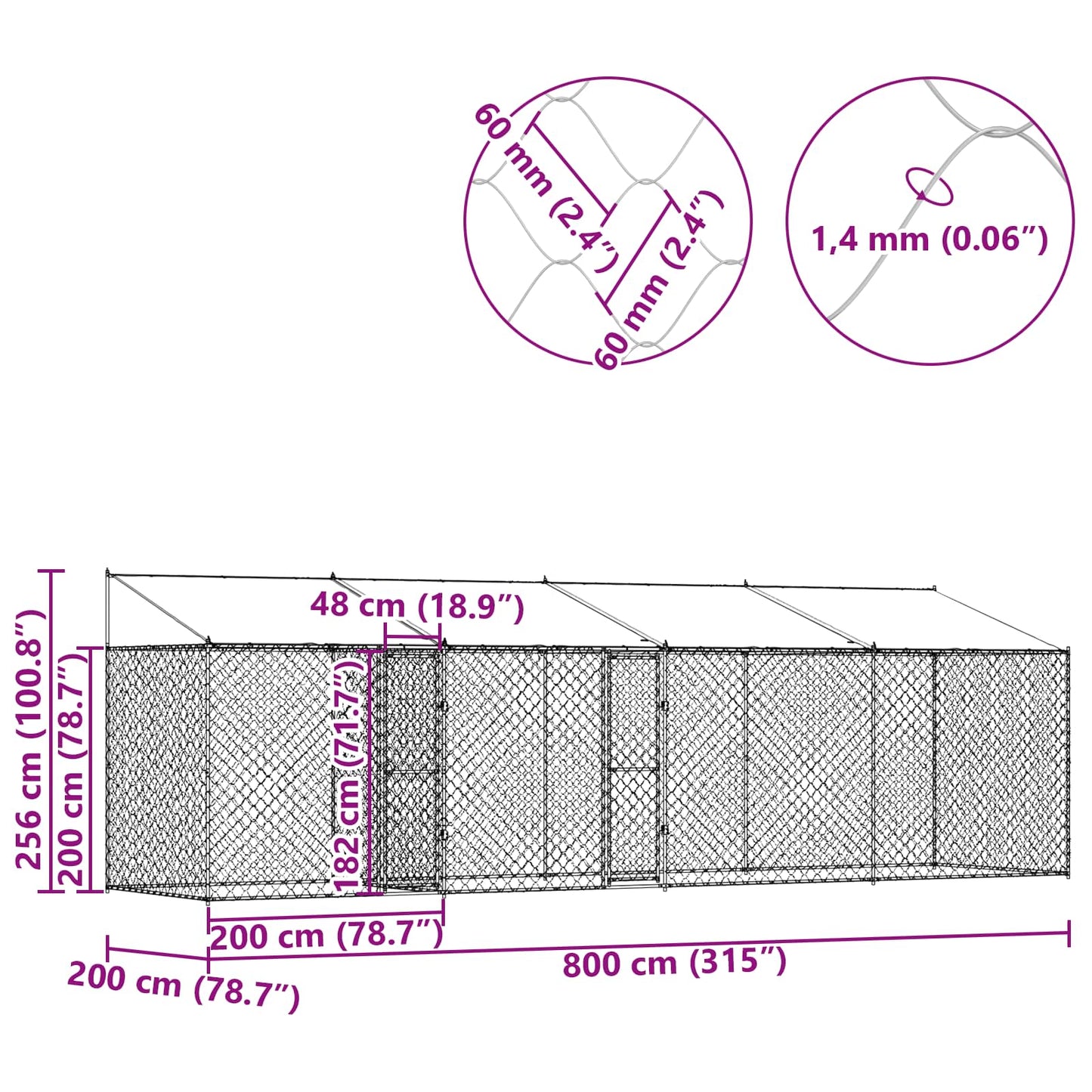 Dog Cage with Roof Silver 800 x 200 x 256 cm Steel and PE